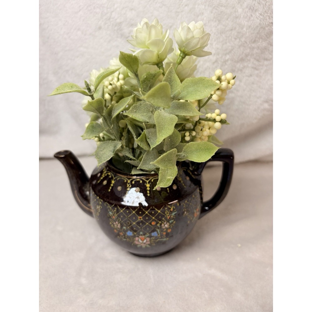Vtg 50s Japanese Redware Repurposed Teapot Vase Brown Glaze Moriage Faux Floral